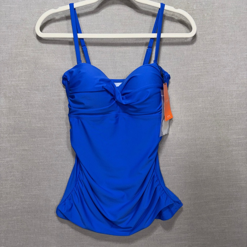New GRND Blue Ruched Tankini Swim Top S Adjustable Straps Recycled Polyester
